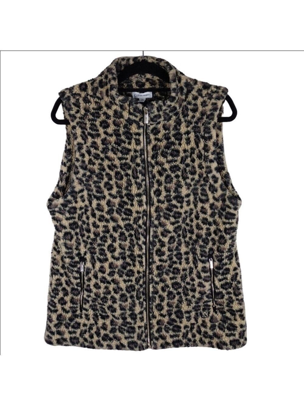 Calvin Klein Tan Leopard Print Stand Up Collar Sleeveless Zip Fleece Vest Jacket
